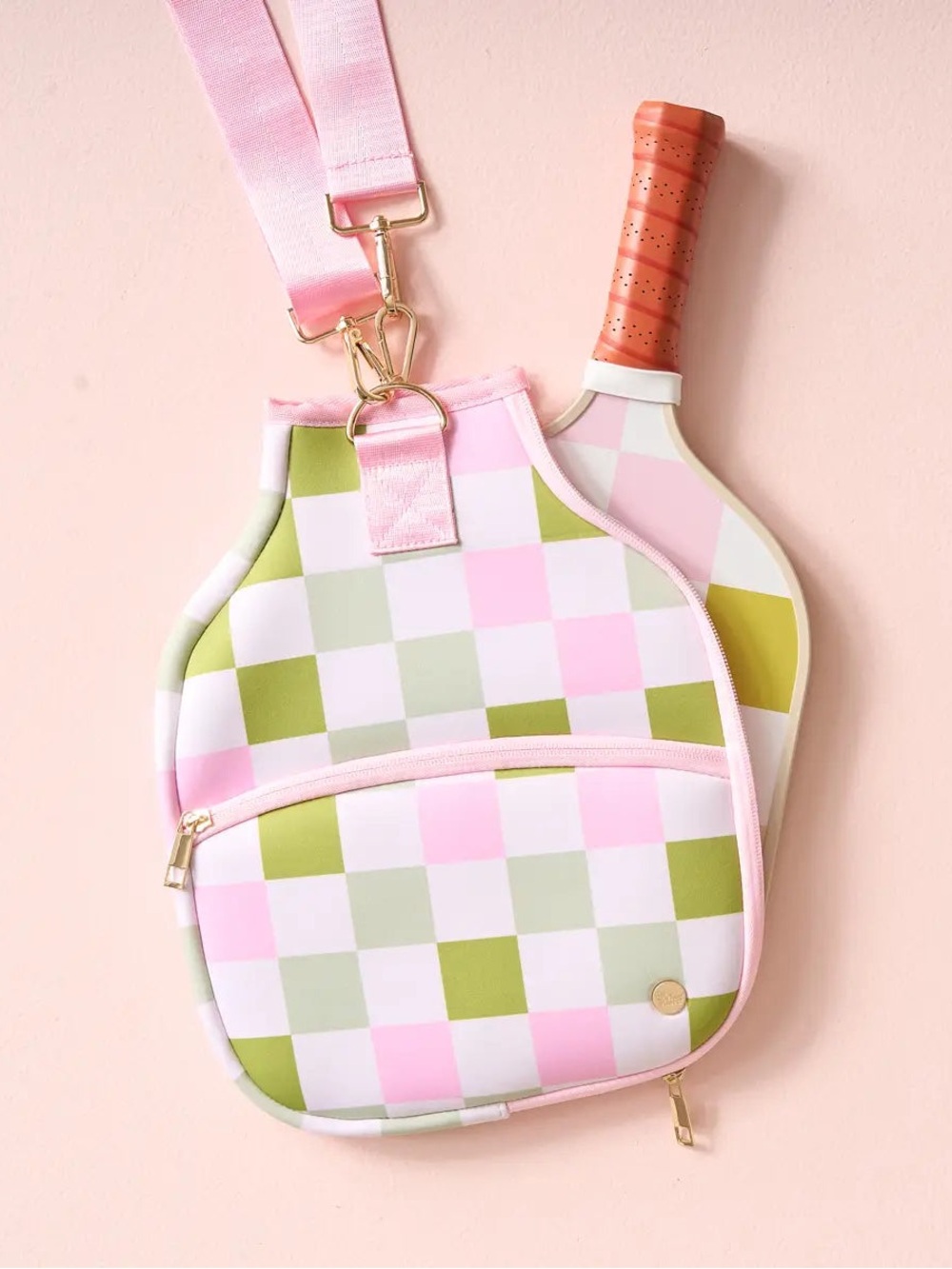 Checkered Pink & Olive Crossbody Paddle Bag